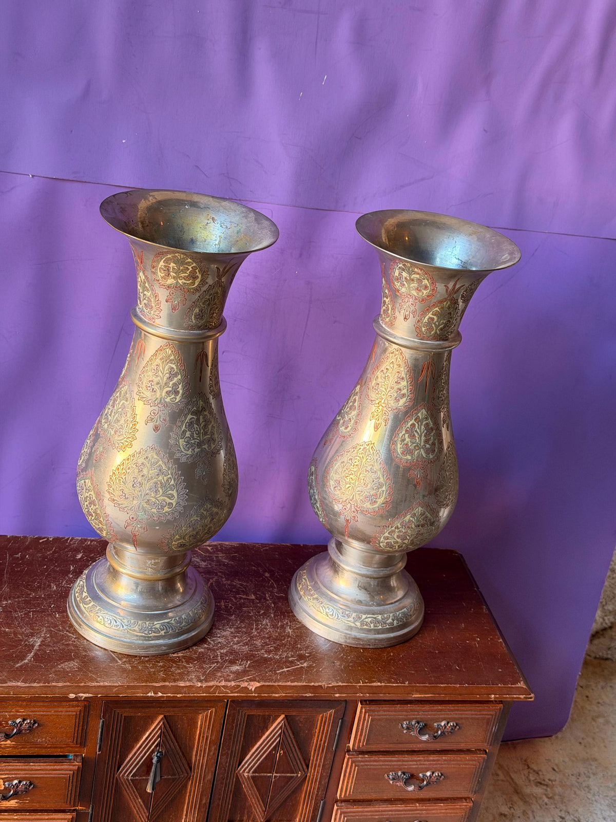 Pair Vintage Indian Etched Bronze Vases Large 12 Inch Floral Paisley Boho Urns