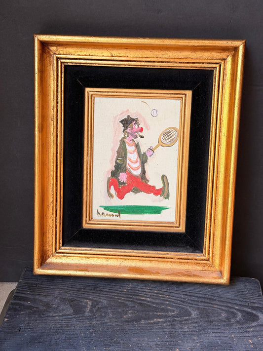 Vintage Signed Hobo Clown Tennis Painting Ornate Gold & Velvet Frame 12x10