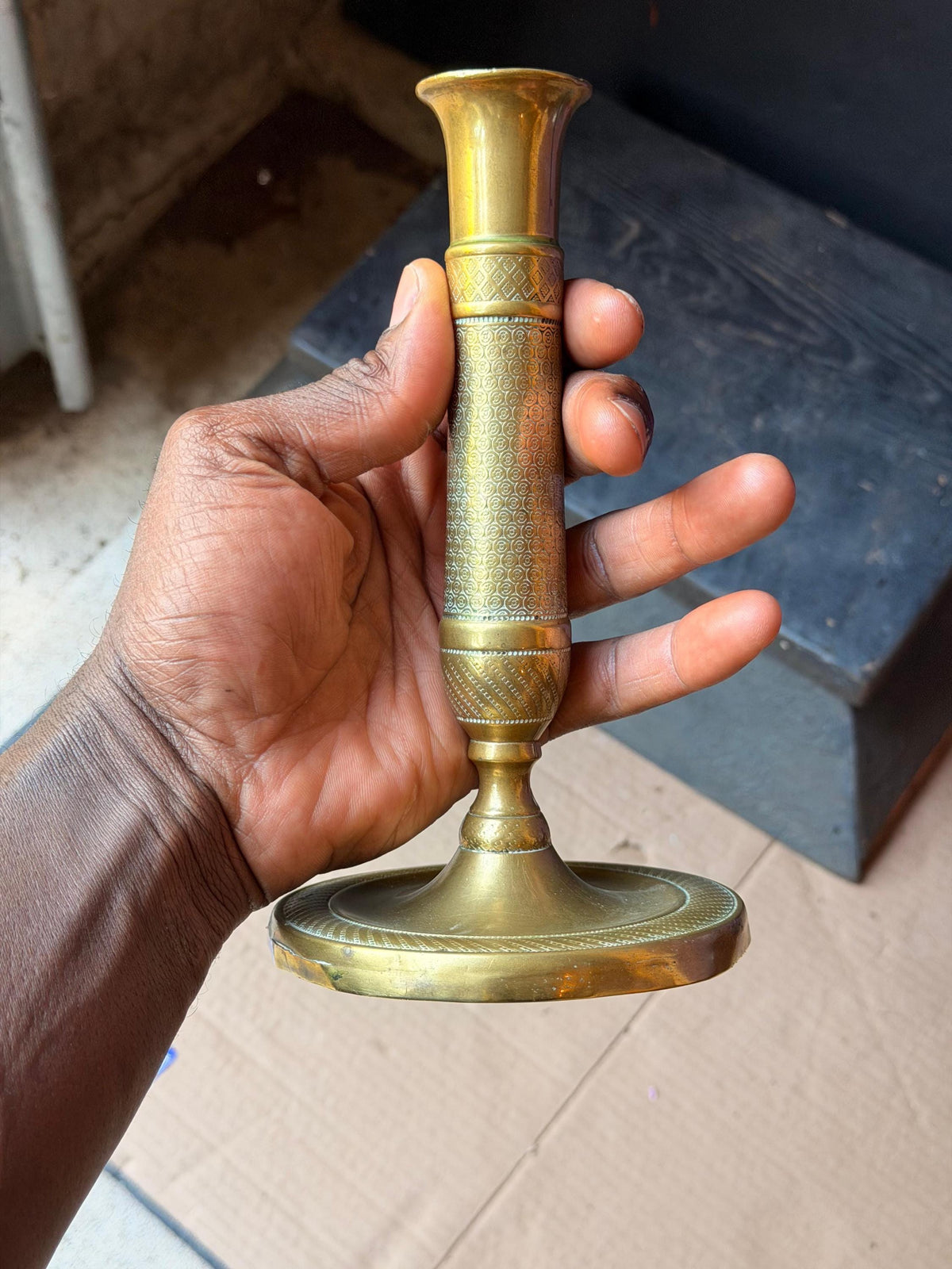 French Empire Style Brass Candlestick 7.5 in, Engine Turned Taper Holder, Neoclassical Mantel Decor