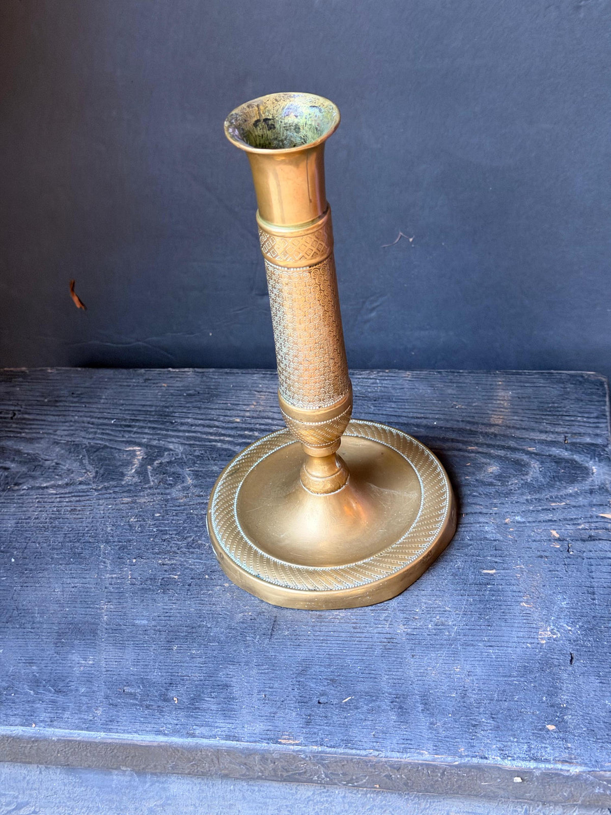 French Empire Style Brass Candlestick 7.5 in, Engine Turned Taper Holder, Neoclassical Mantel Decor