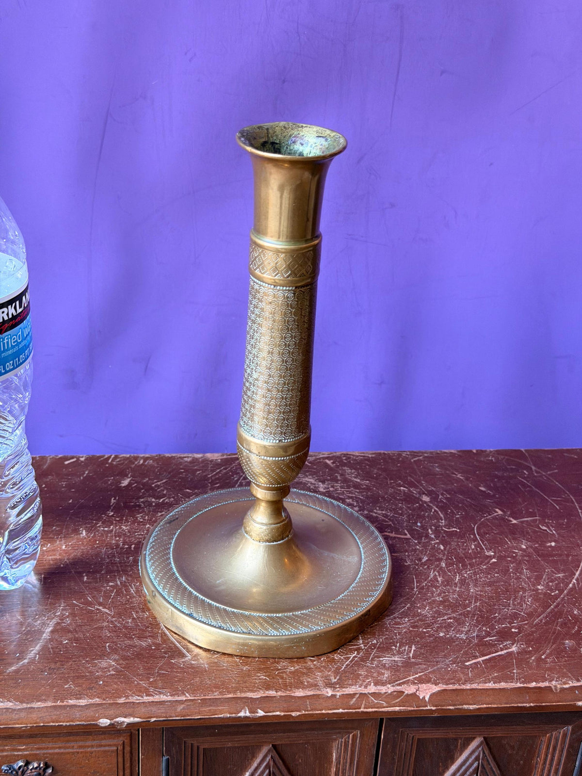 French Empire Style Brass Candlestick 7.5 in, Engine Turned Taper Holder, Neoclassical Mantel Decor