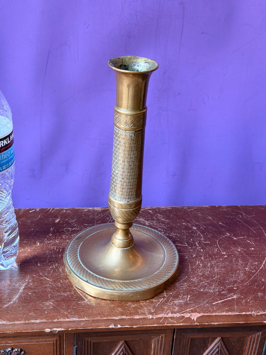 French Empire Style Brass Candlestick 7.5 in, Engine Turned Taper Holder, Neoclassical Mantel Decor
