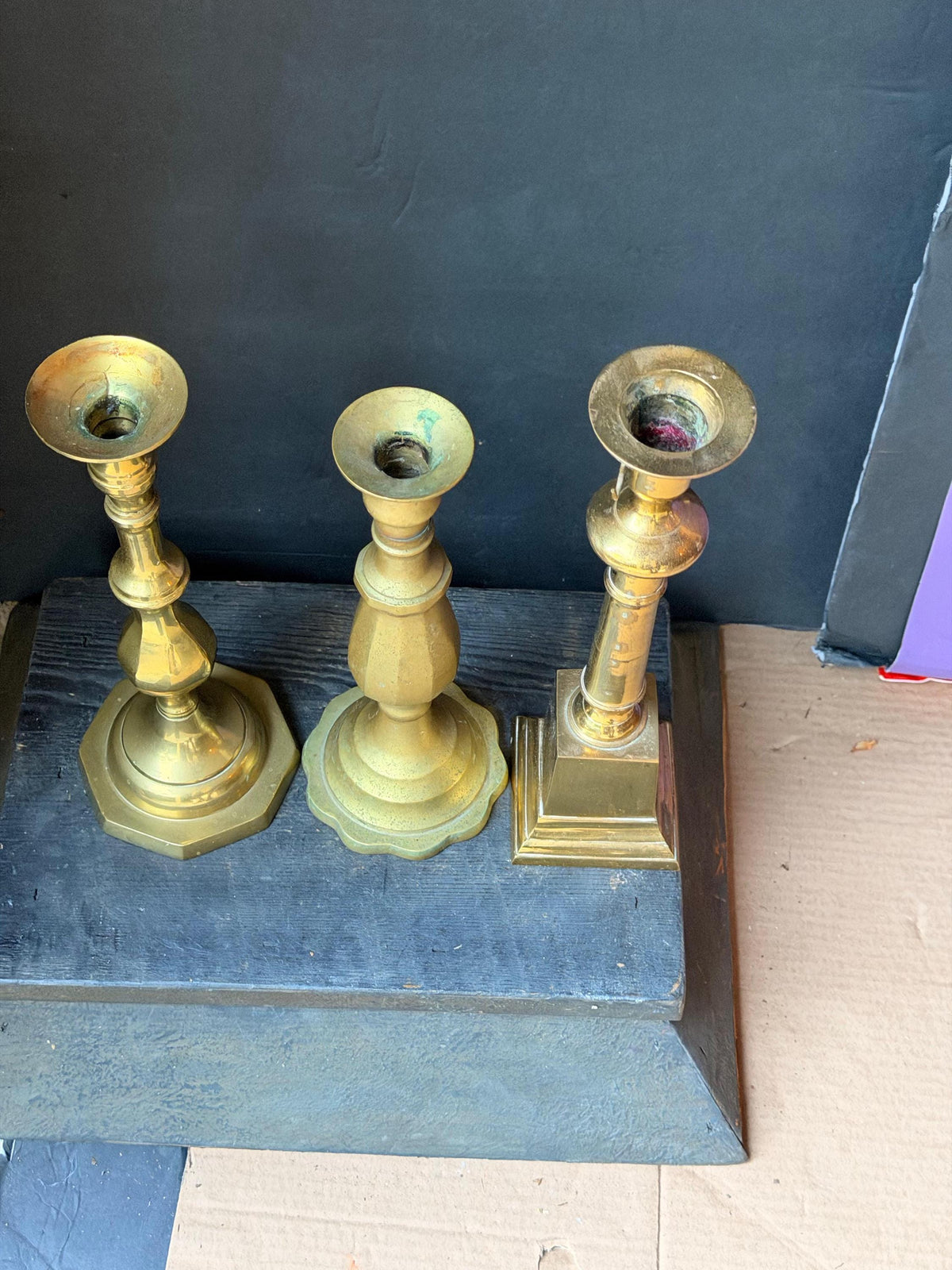 Vintage Brass Candlesticks Set Mismatched Taper Holders Trio 11.8"