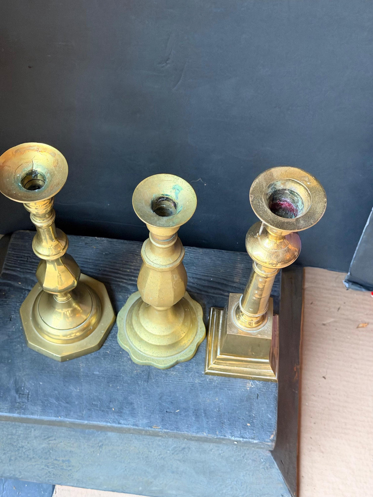 Vintage Brass Candlesticks Set Mismatched Taper Holders Trio 11.8"