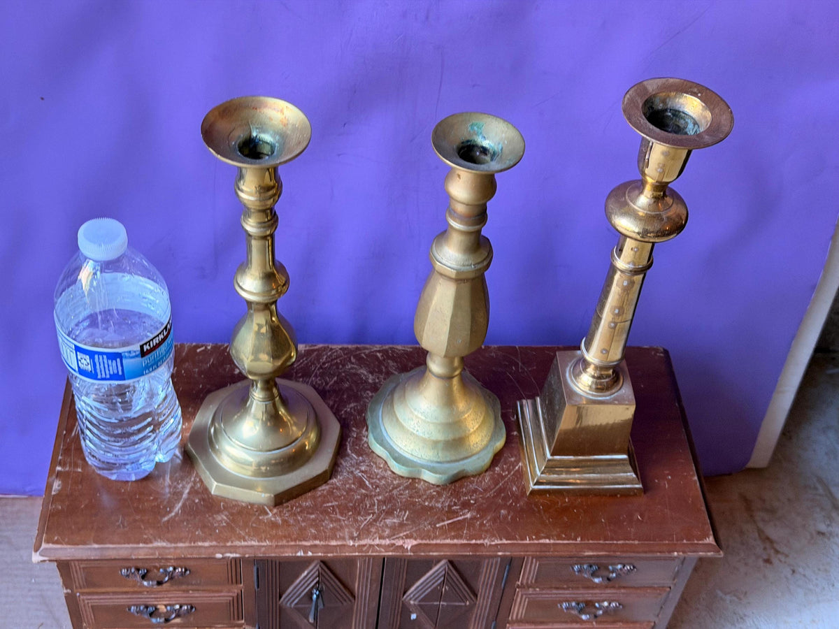 Vintage Brass Candlesticks Set Mismatched Taper Holders Trio 11.8"