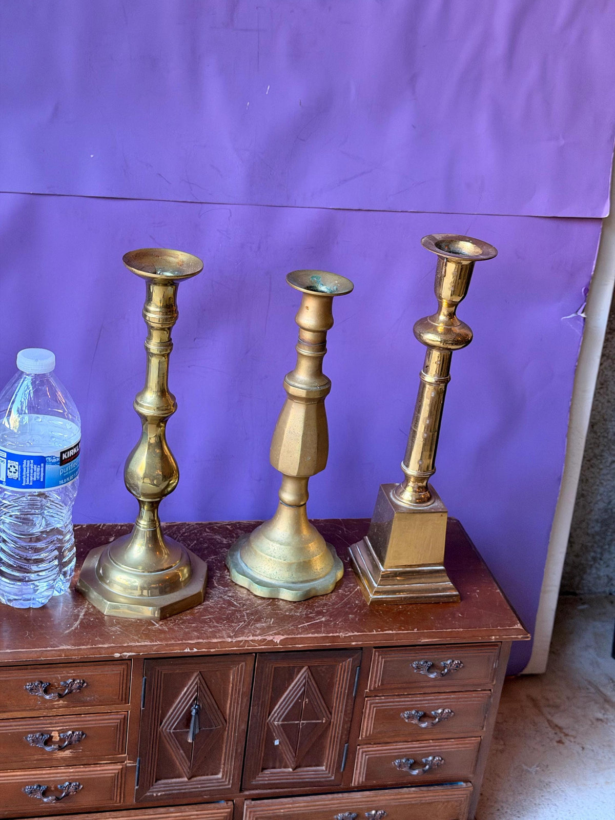 Vintage Brass Candlesticks Set Mismatched Taper Holders Trio 11.8"