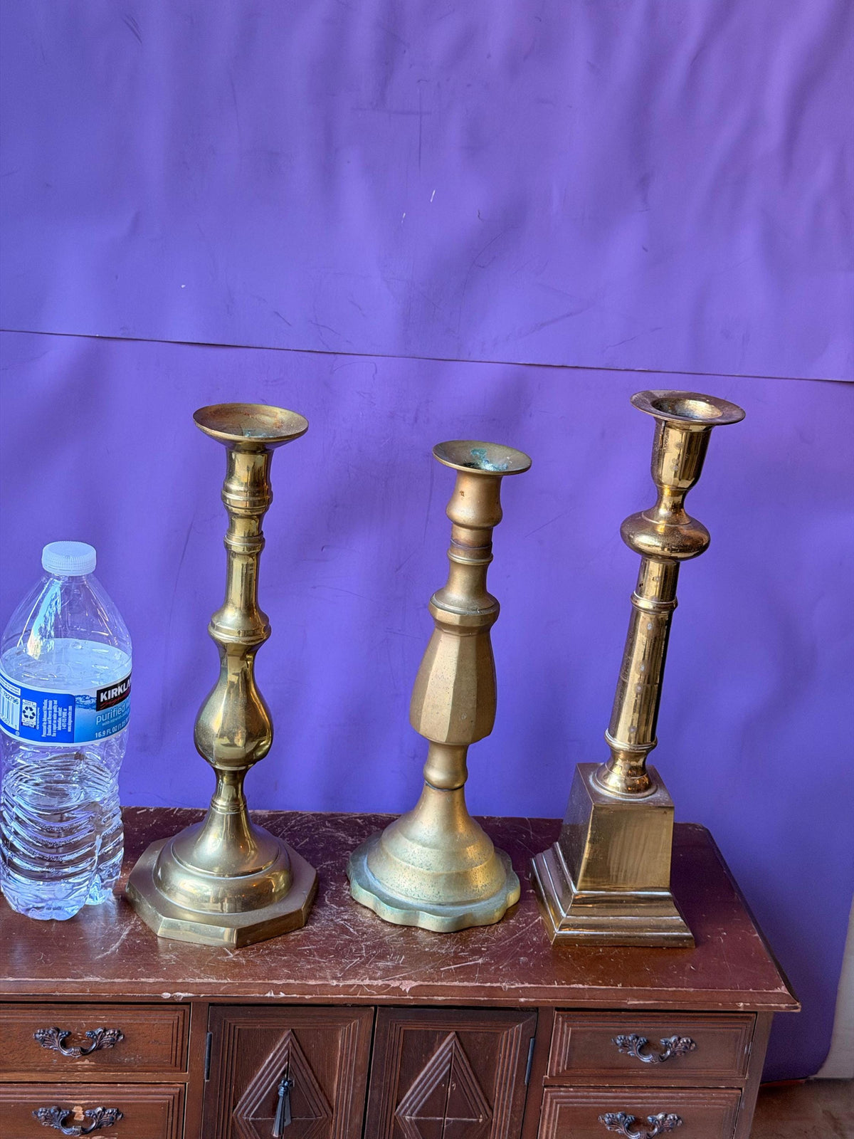 Vintage Brass Candlesticks Set Mismatched Taper Holders Trio 11.8"