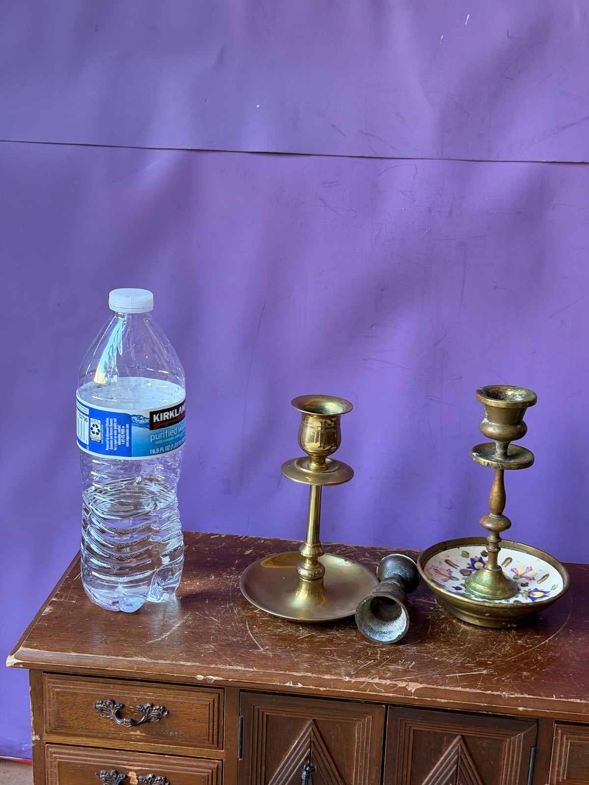 Vintage Brass Candlesticks Pair Mismatched Taper Holders Duo 9.5"