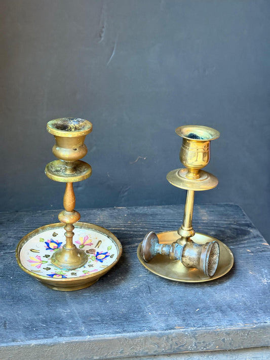 Vintage Brass Candlesticks Pair Mismatched Taper Holders Duo 9.5"