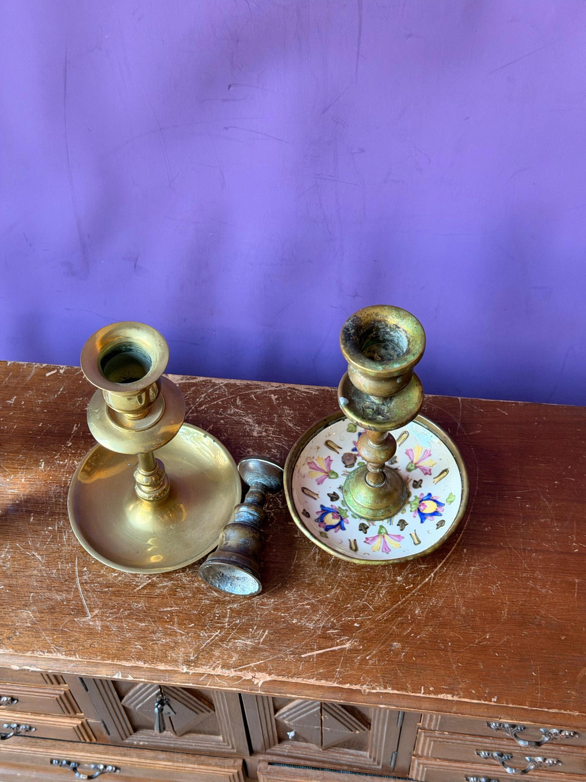 Vintage Brass Candlesticks Pair Mismatched Taper Holders Duo 9.5"
