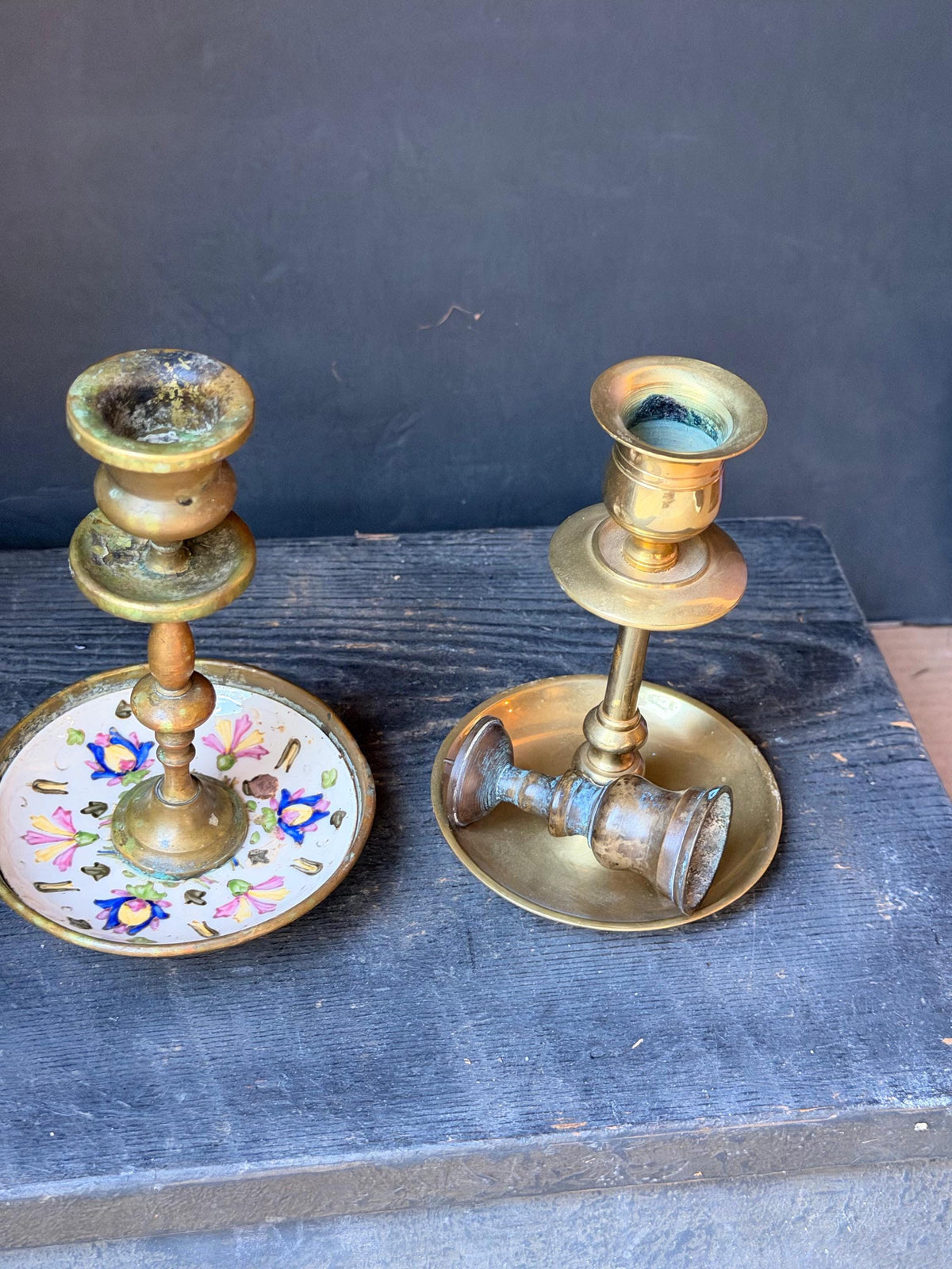 Vintage Brass Candlesticks Pair Mismatched Taper Holders Duo 9.5"