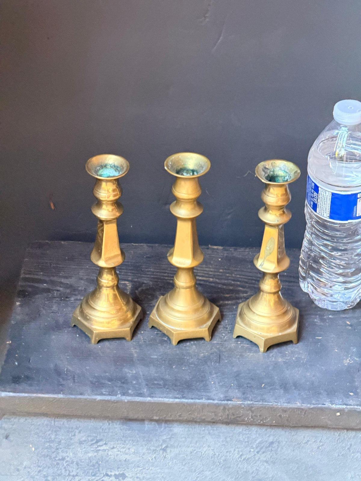 Vintage Brass Candlesticks Set of 3 Hexagonal Matching Taper Holders 6.5"