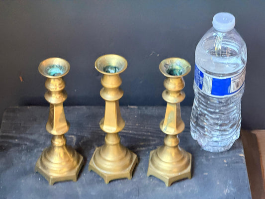 Vintage Brass Candlesticks Set of 3 Hexagonal Matching Taper Holders 6.5"