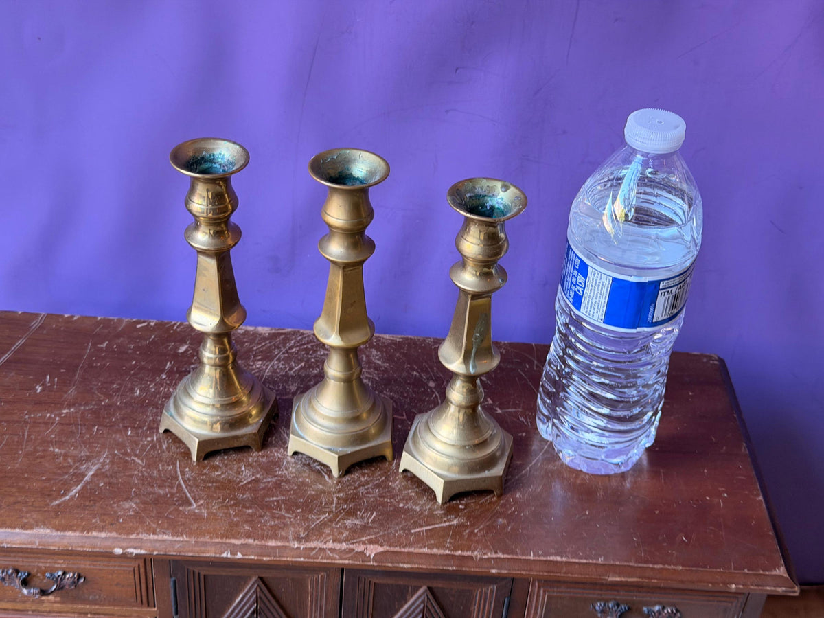 Vintage Brass Candlesticks Set of 3 Hexagonal Matching Taper Holders 6.5"