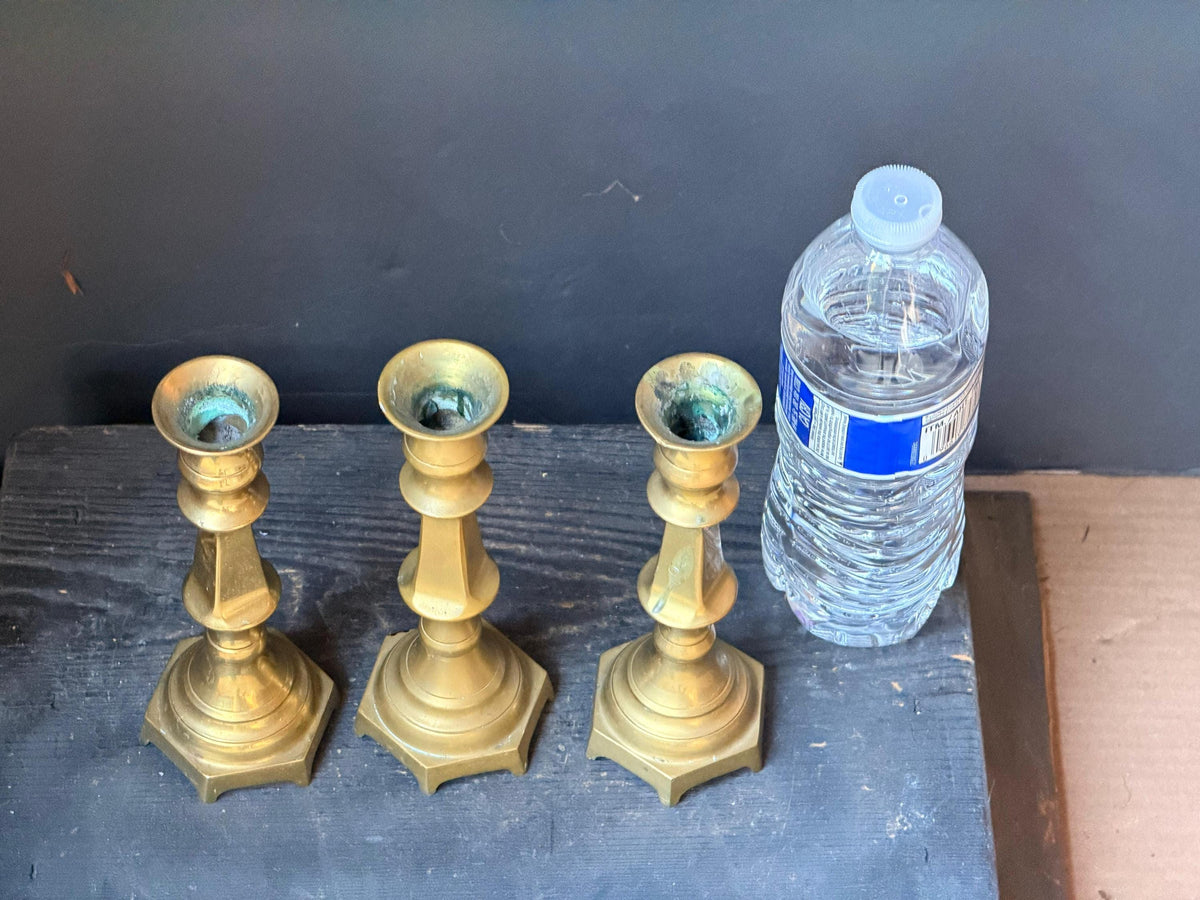 Vintage Brass Candlesticks Set of 3 Hexagonal Matching Taper Holders 6.5"