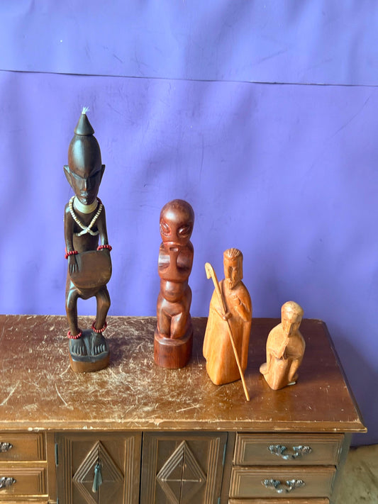 Vintage Global Folk Art Wood Carving Lot African Drummer Nativity Figurines Set