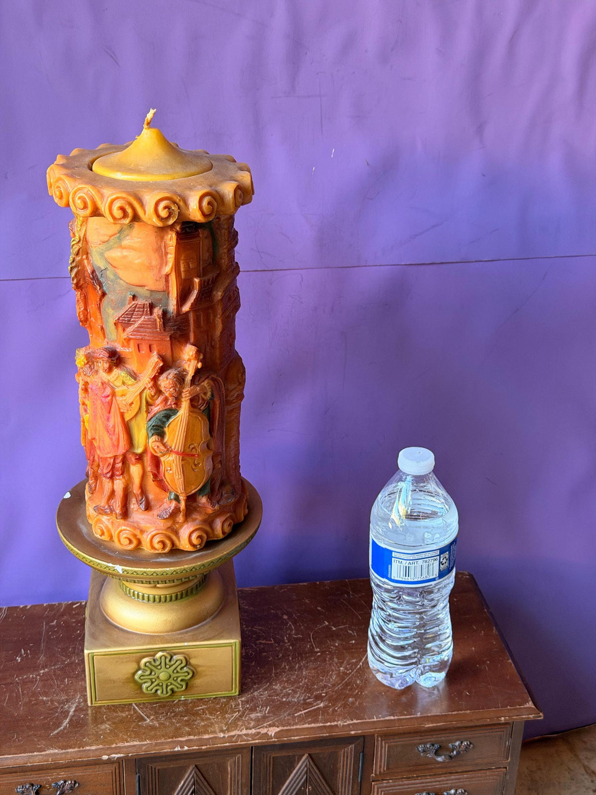 Vintage Sculpted 3D Storybook Pillar Candle with Ornate Pedestal Stand Set