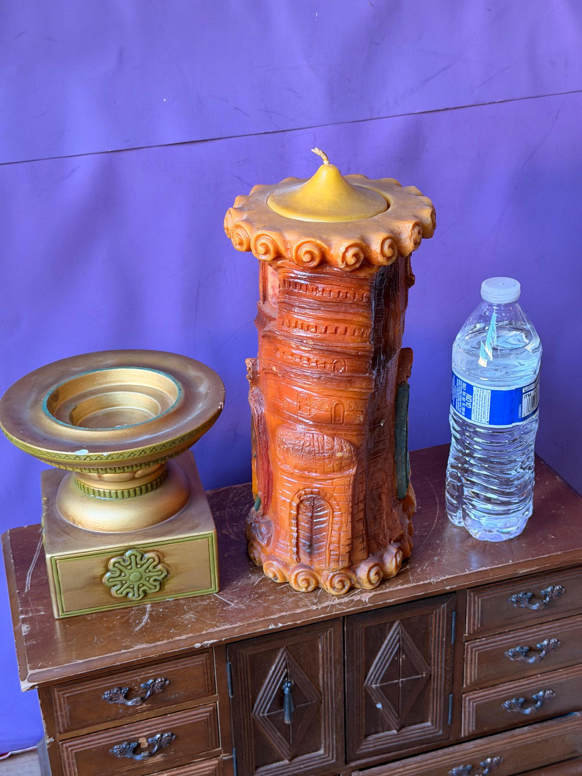 Vintage Sculpted 3D Storybook Pillar Candle with Ornate Pedestal Stand Set