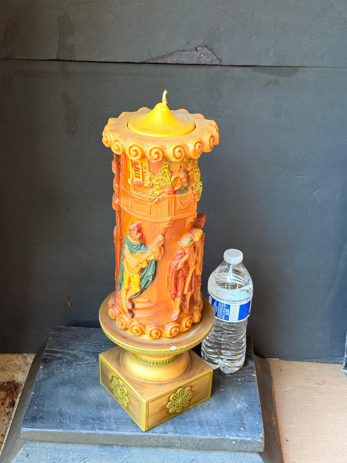 Vintage Sculpted 3D Storybook Pillar Candle with Ornate Pedestal Stand Set