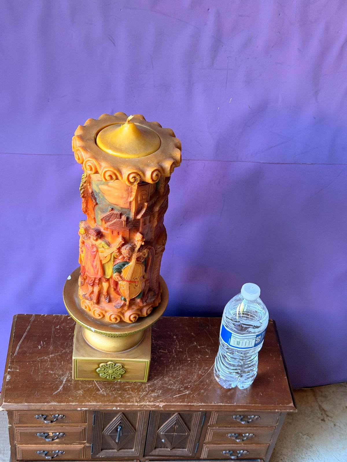 Vintage Sculpted 3D Storybook Pillar Candle with Ornate Pedestal Stand Set