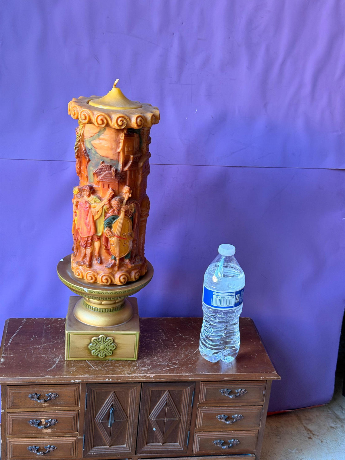 Vintage Sculpted 3D Storybook Pillar Candle with Ornate Pedestal Stand Set
