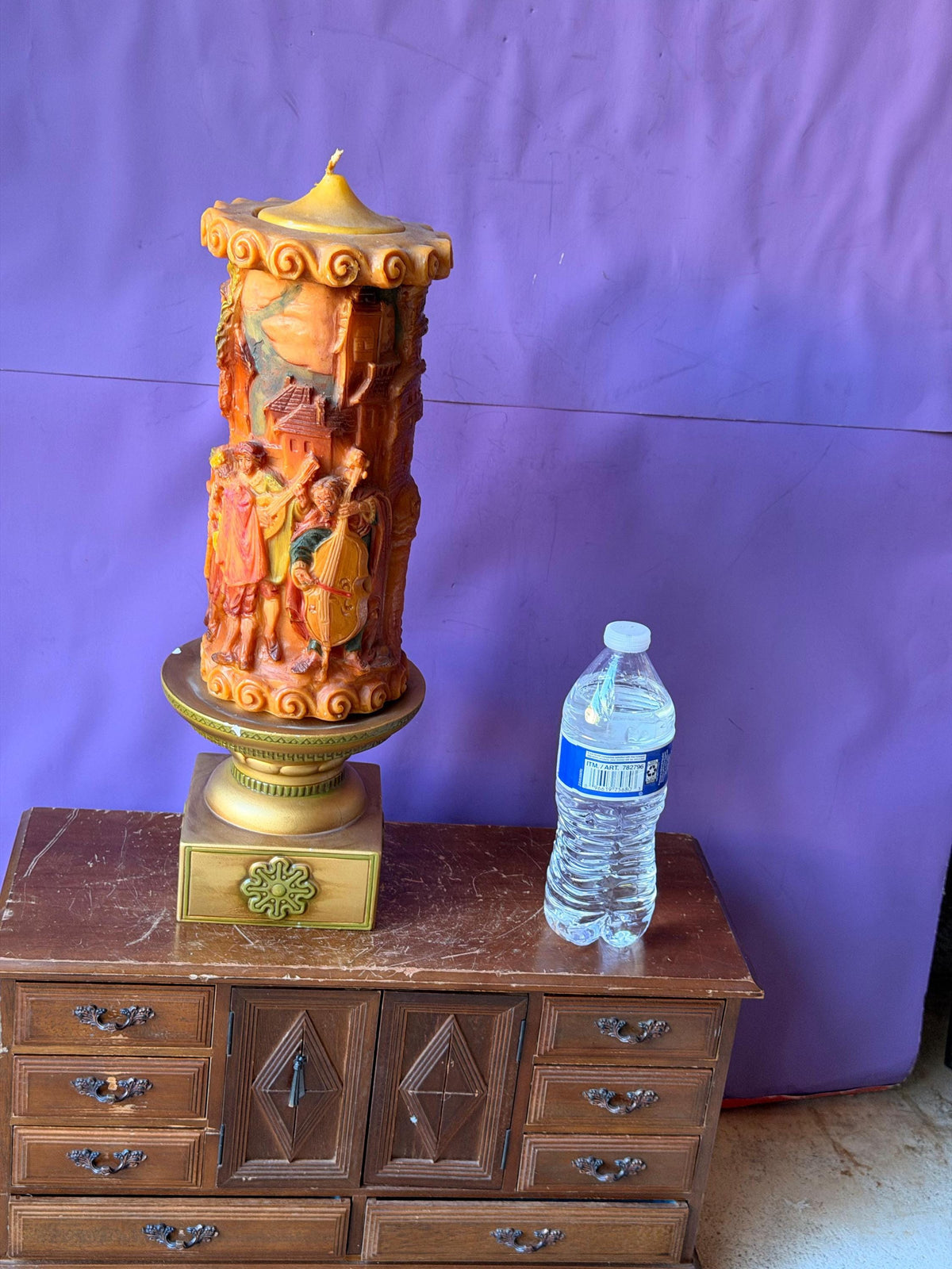 Vintage Sculpted 3D Storybook Pillar Candle with Ornate Pedestal Stand Set