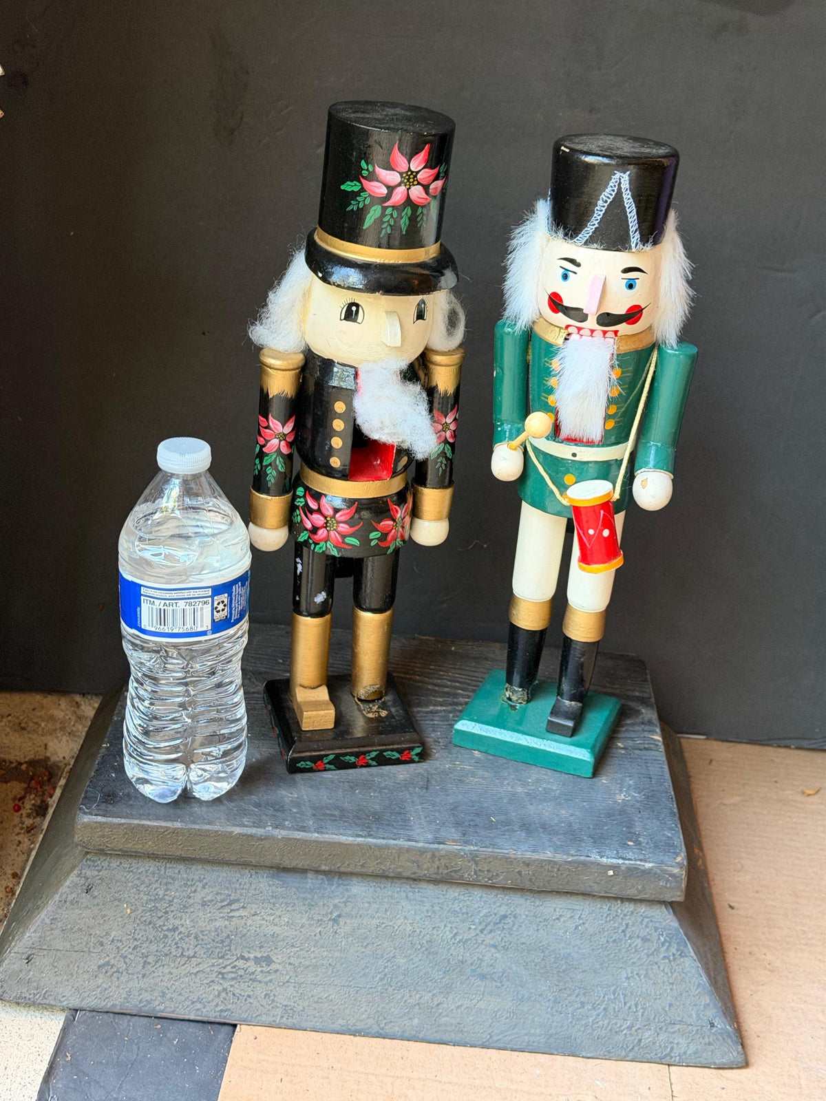 Vintage Wooden Nutcracker Pair 13.5" Drummer Boy & Painted Poinsettia Soldier