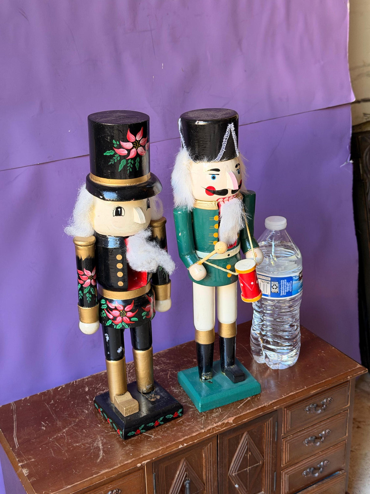 Vintage Wooden Nutcracker Pair 13.5" Drummer Boy & Painted Poinsettia Soldier