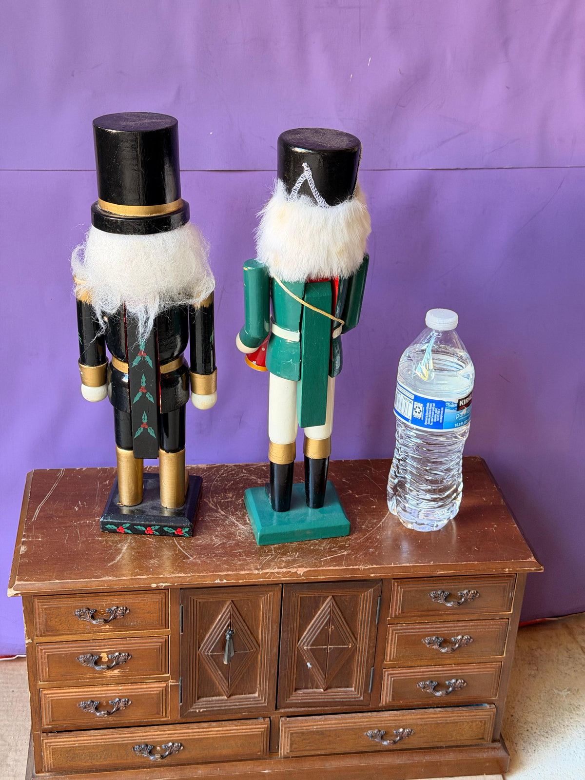 Vintage Wooden Nutcracker Pair 13.5" Drummer Boy & Painted Poinsettia Soldier