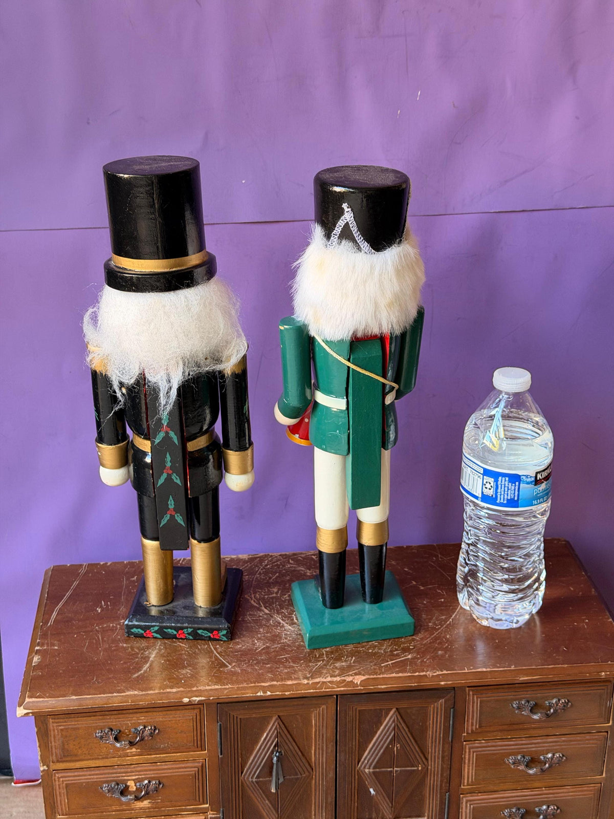 Vintage Wooden Nutcracker Pair 13.5" Drummer Boy & Painted Poinsettia Soldier