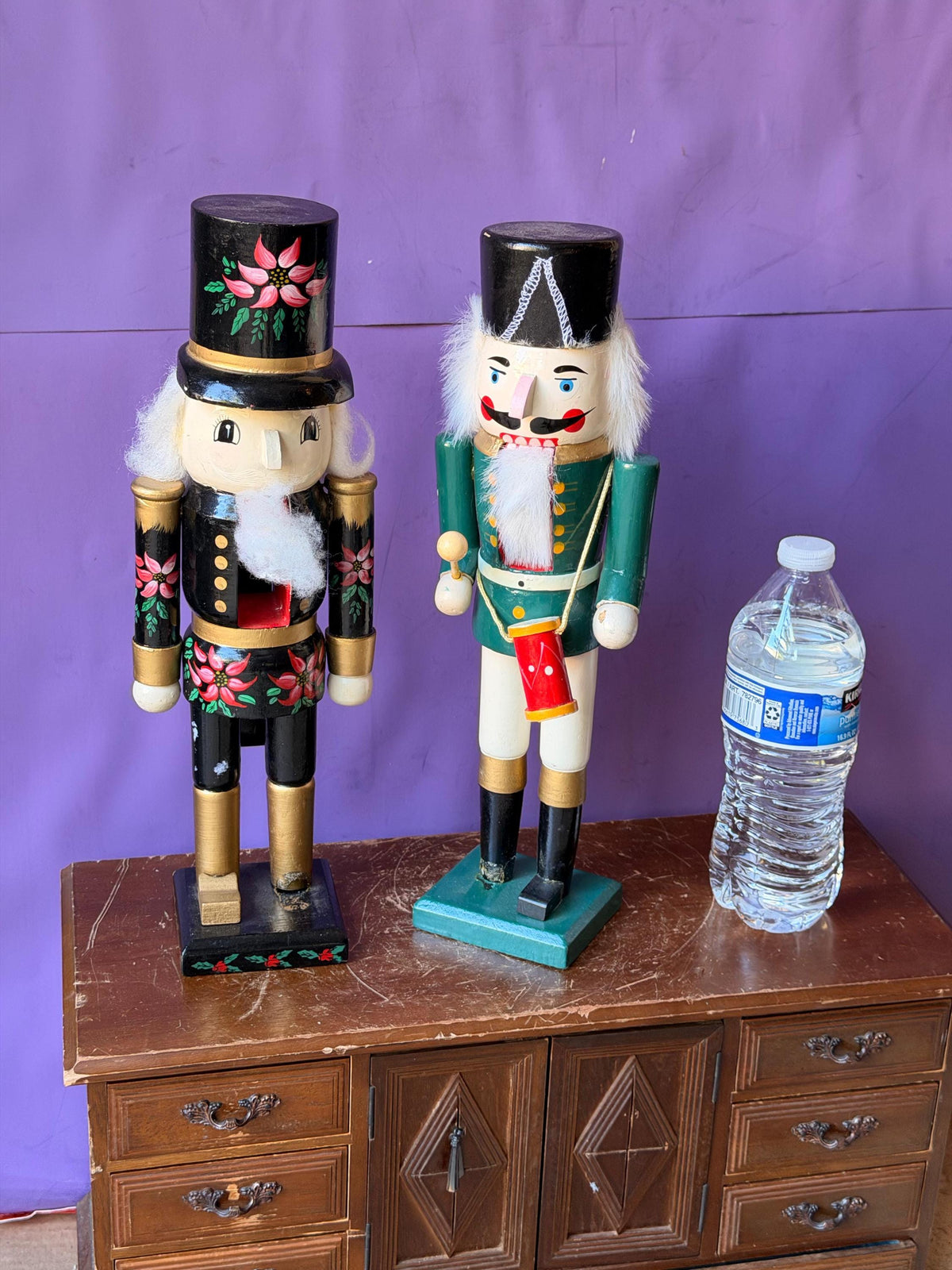 Vintage Wooden Nutcracker Pair 13.5" Drummer Boy & Painted Poinsettia Soldier