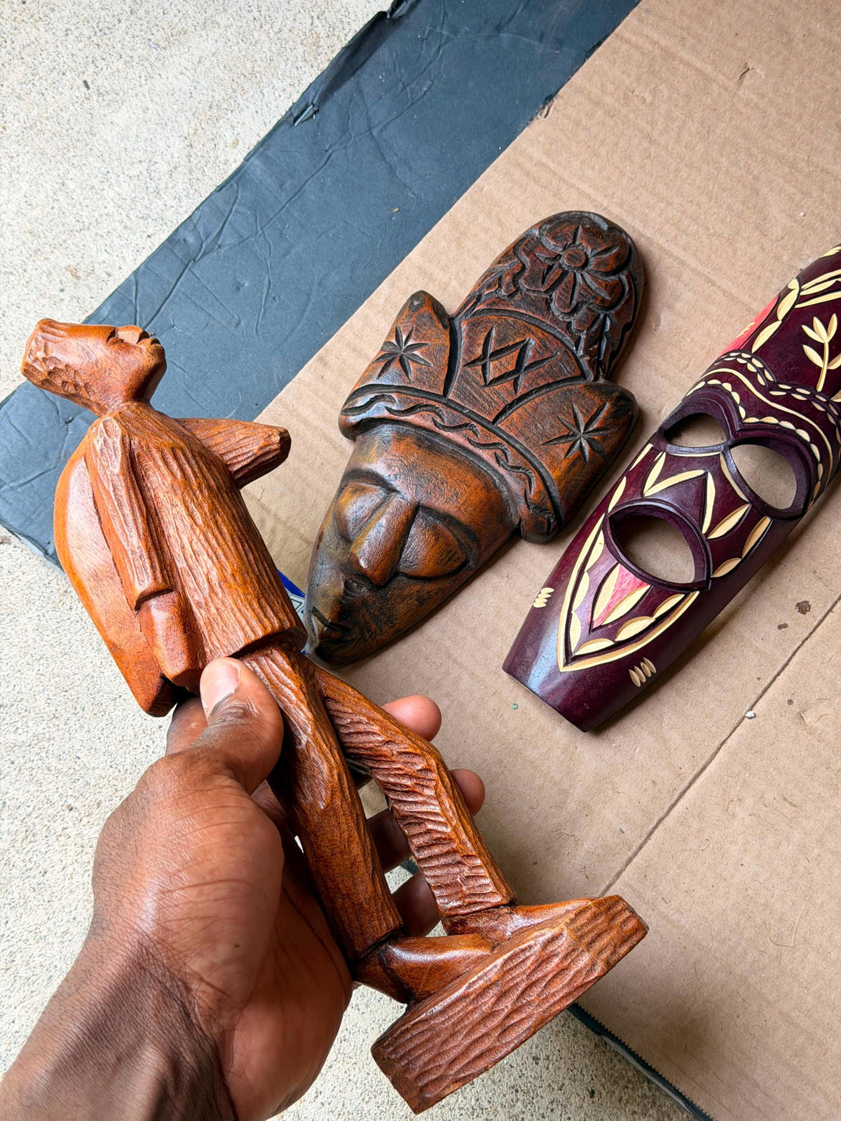 3 Pc Vintage African Art Set - Hand Carved Wood Man Statue & Wall Masks 11.5"