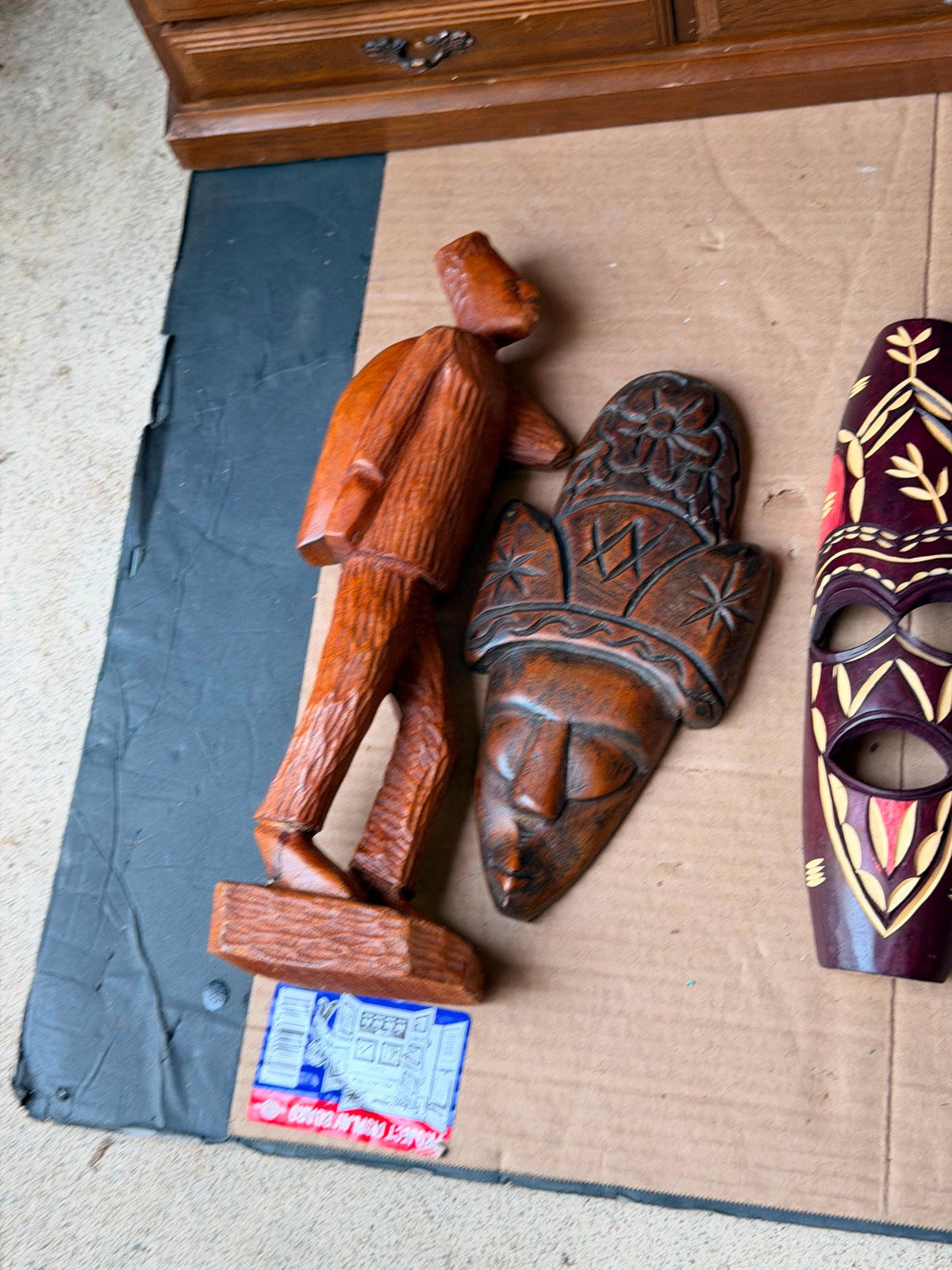 3 Pc Vintage African Art Set - Hand Carved Wood Man Statue & Wall Masks 11.5"