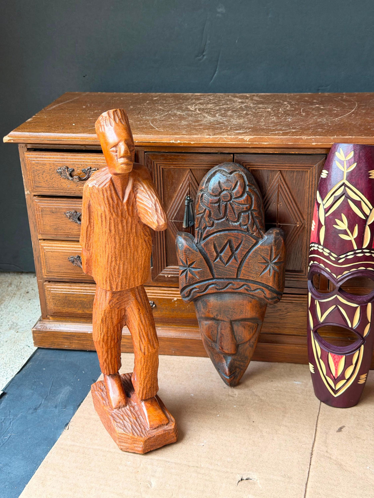 3 Pc Vintage African Art Set - Hand Carved Wood Man Statue & Wall Masks 11.5"