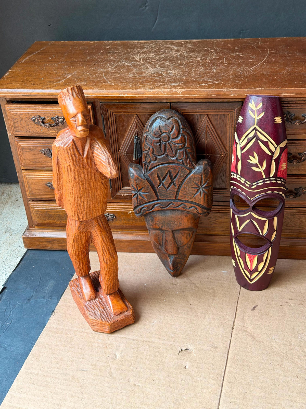 3 Pc Vintage African Art Set - Hand Carved Wood Man Statue & Wall Masks 11.5"
