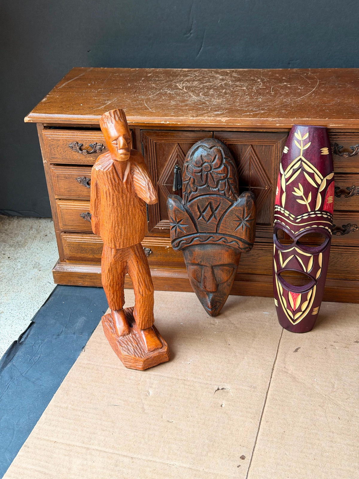 3 Pc Vintage African Art Set - Hand Carved Wood Man Statue & Wall Masks 11.5"