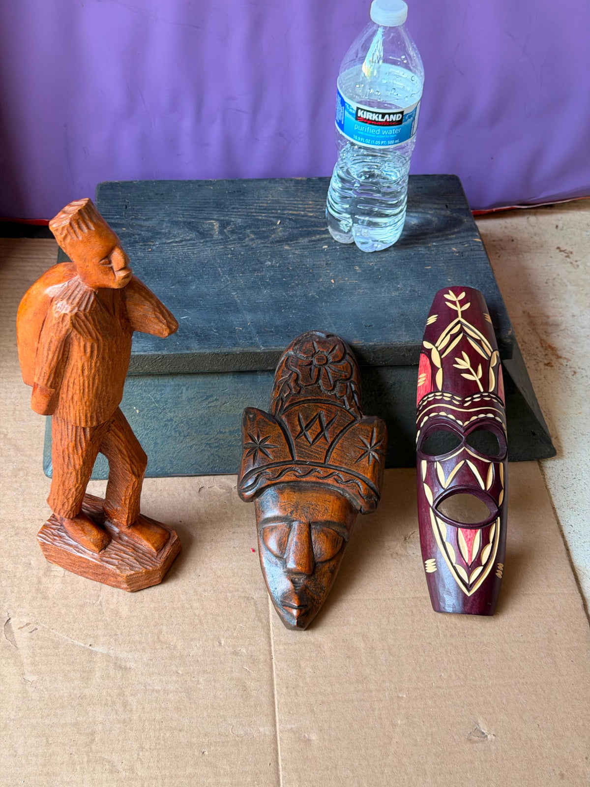 3 Pc Vintage African Art Set - Hand Carved Wood Man Statue & Wall Masks 11.5"