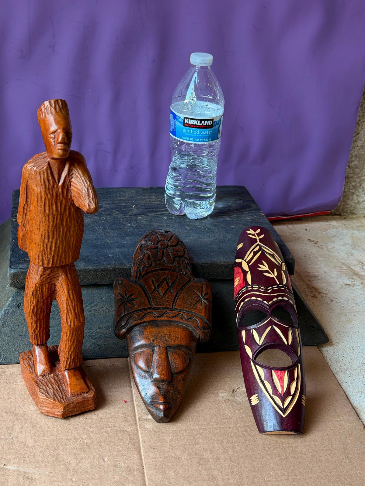 3 Pc Vintage African Art Set - Hand Carved Wood Man Statue & Wall Masks 11.5"