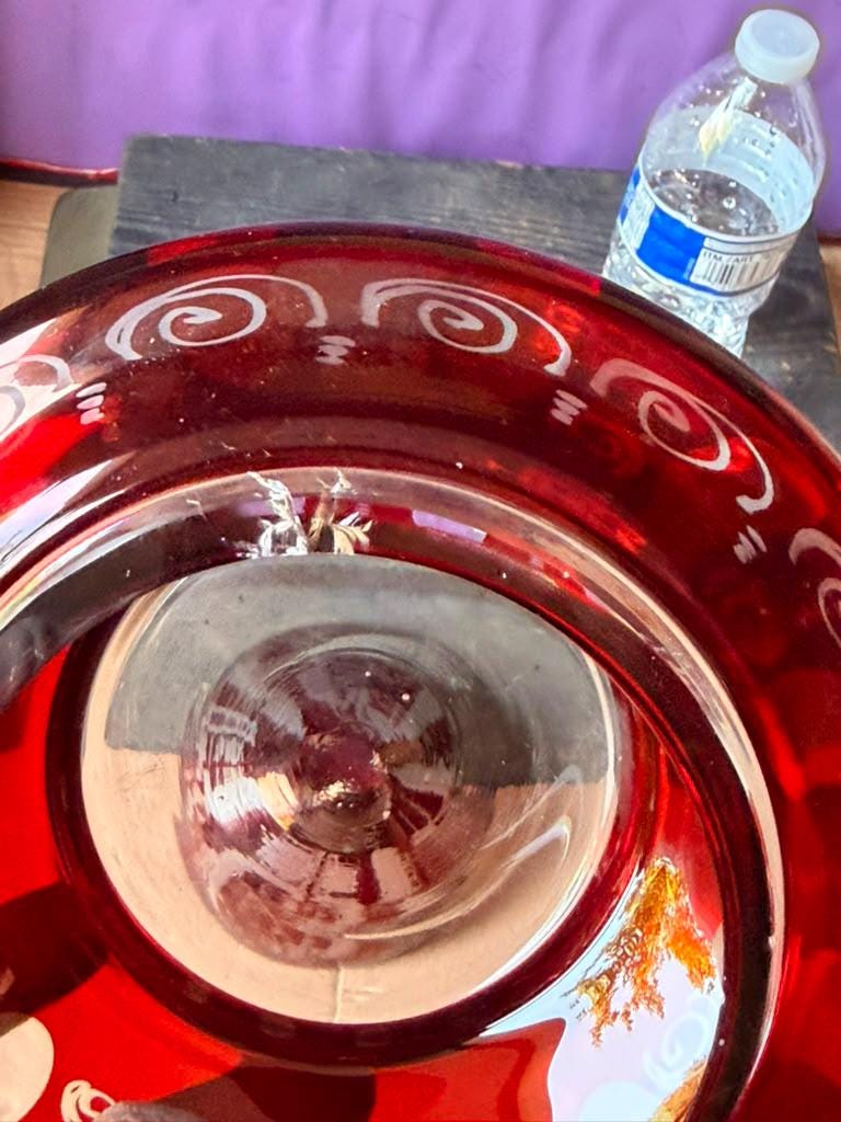 Vintage Bohemian Ruby Glass Covered Candy Dish Cut To Clear Egermann 6"