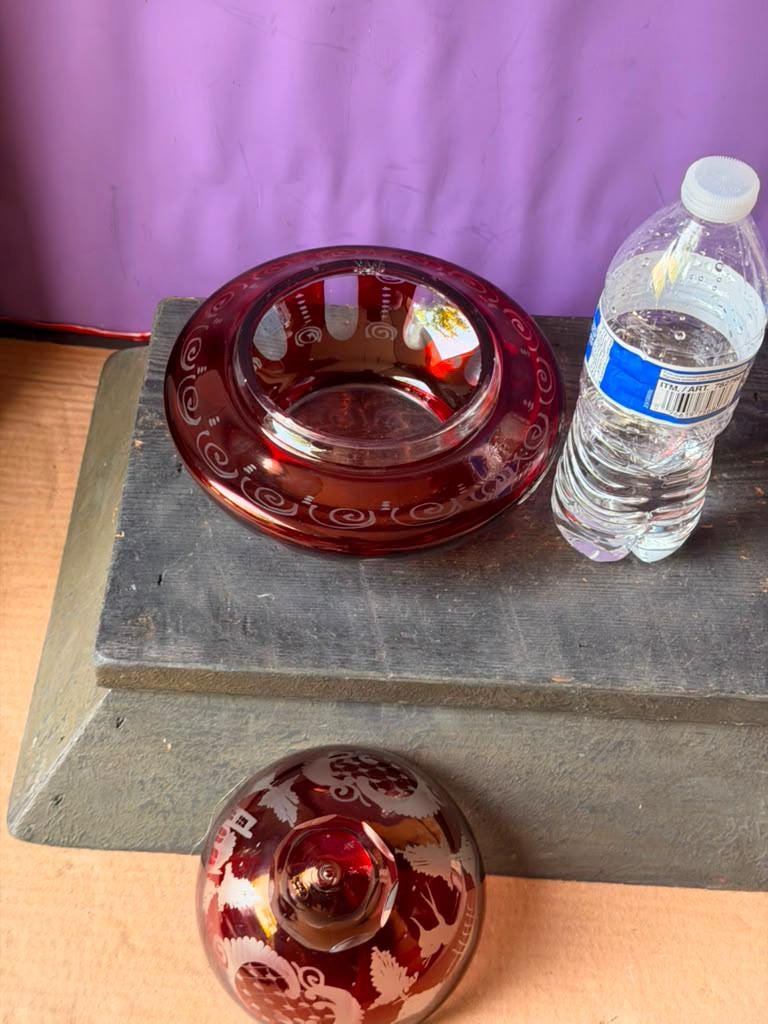 Vintage Bohemian Ruby Glass Covered Candy Dish Cut To Clear Egermann 6"