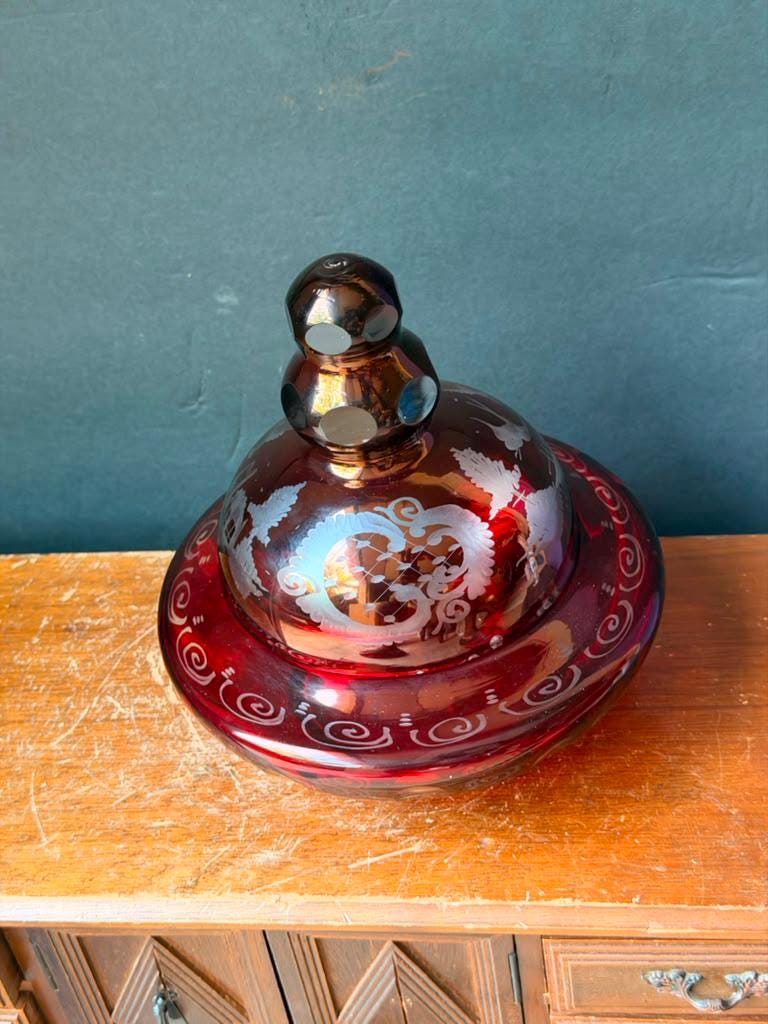 Vintage Bohemian Ruby Glass Covered Candy Dish Cut To Clear Egermann 6"
