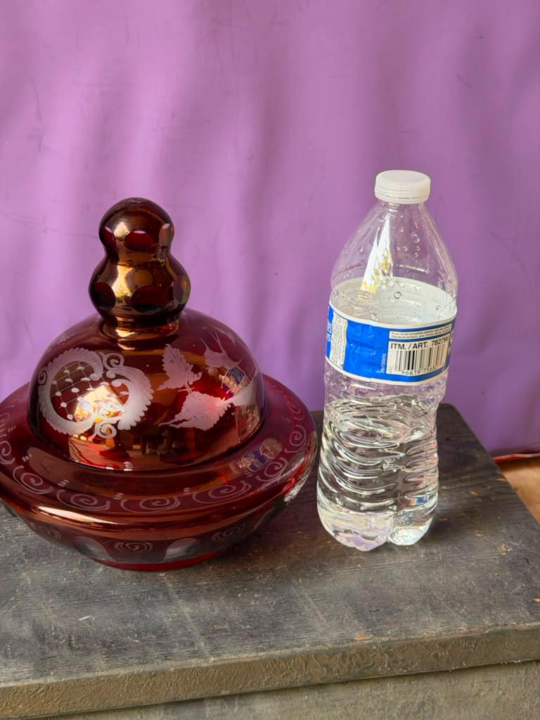 Vintage Bohemian Ruby Glass Covered Candy Dish Cut To Clear Egermann 6"