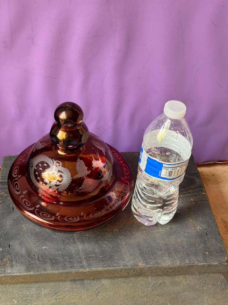 Vintage Bohemian Ruby Glass Covered Candy Dish Cut To Clear Egermann 6"