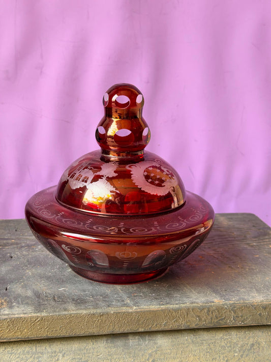 Vintage Bohemian Ruby Glass Covered Candy Dish Cut To Clear Castle 6"