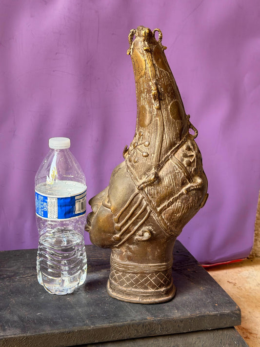 Vintage Benin Bronze Queen Mother Head Statue - Iyoba Nigeria African Art 14"