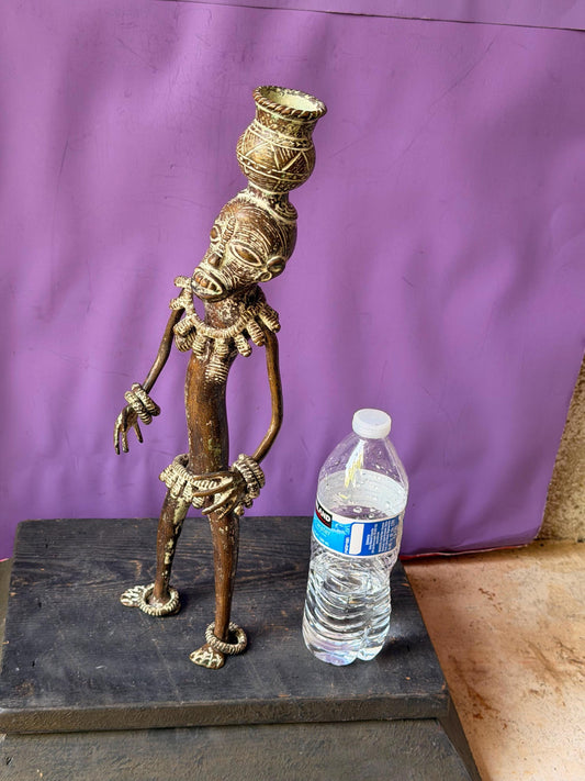 Vintage Bamileke Bronze Water Bearer Statue - Cameroon African Figure 16"