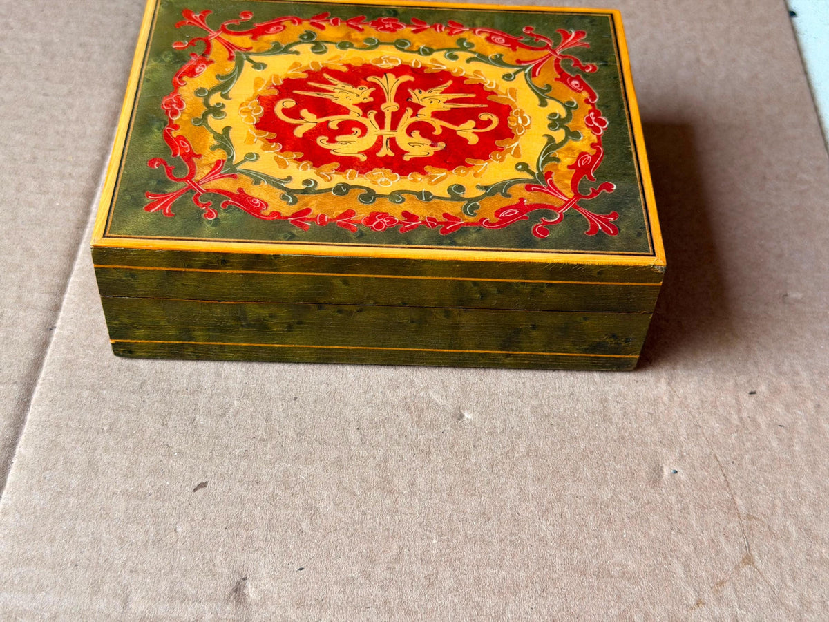 Florentine Style Painted Wood Trinket Box, Vintage Bird Motif Jewelry Box 5.5 in, Red Green Gold Keepsake Box, Mediterra