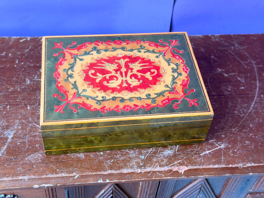 Florentine Style Painted Wood Trinket Box, Vintage Bird Motif Jewelry Box 5.5 in, Red Green Gold Keepsake Box, Mediterra