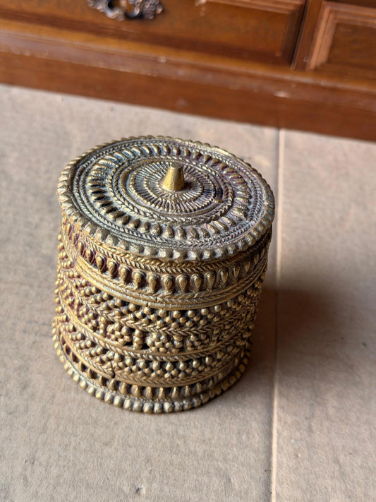 Vintage Ornate Indian Brass Trinket Box - Cylindrical Lidded Boho Altar Vessel