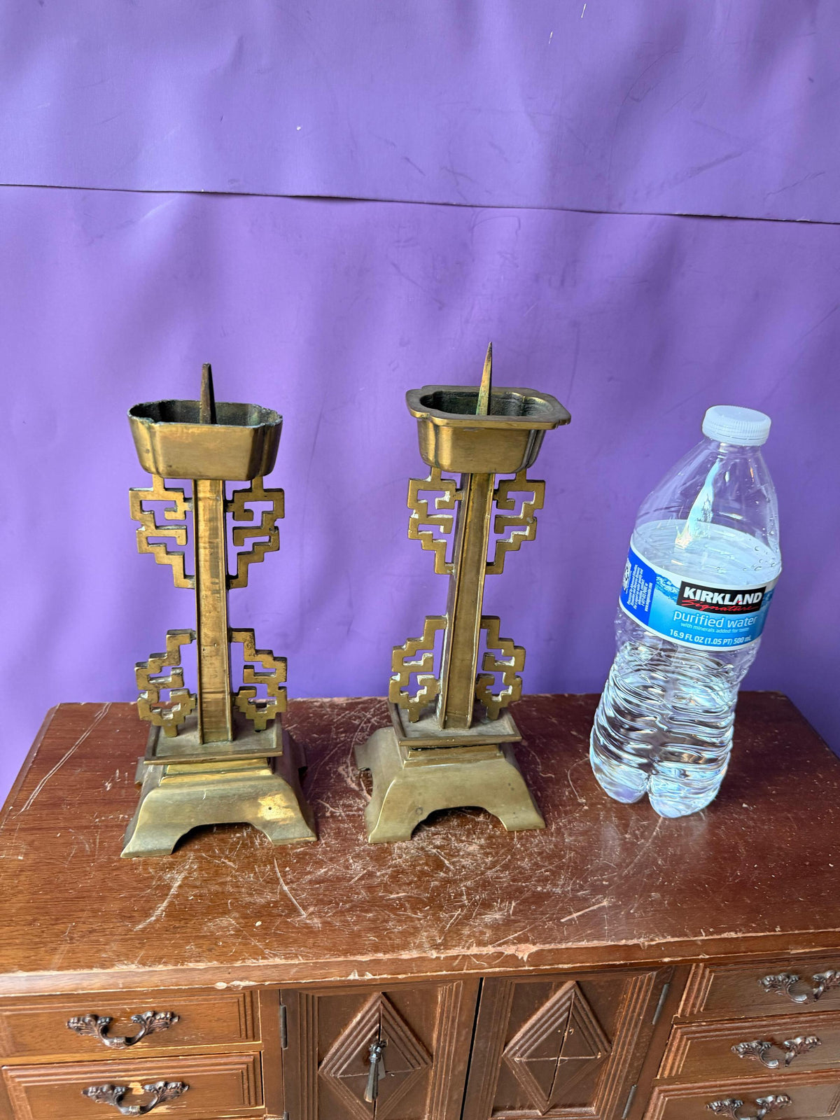 Vintage Brass Asian Fretwork Pricket Candlesticks Pair 8.5" Altar Holders